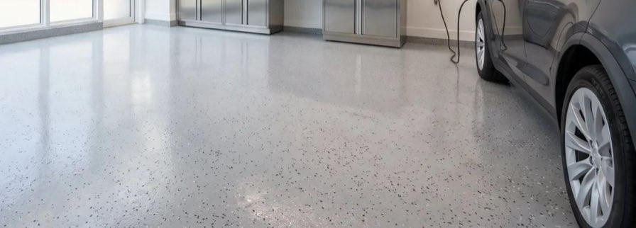 Garage floor coating project, close-up finish